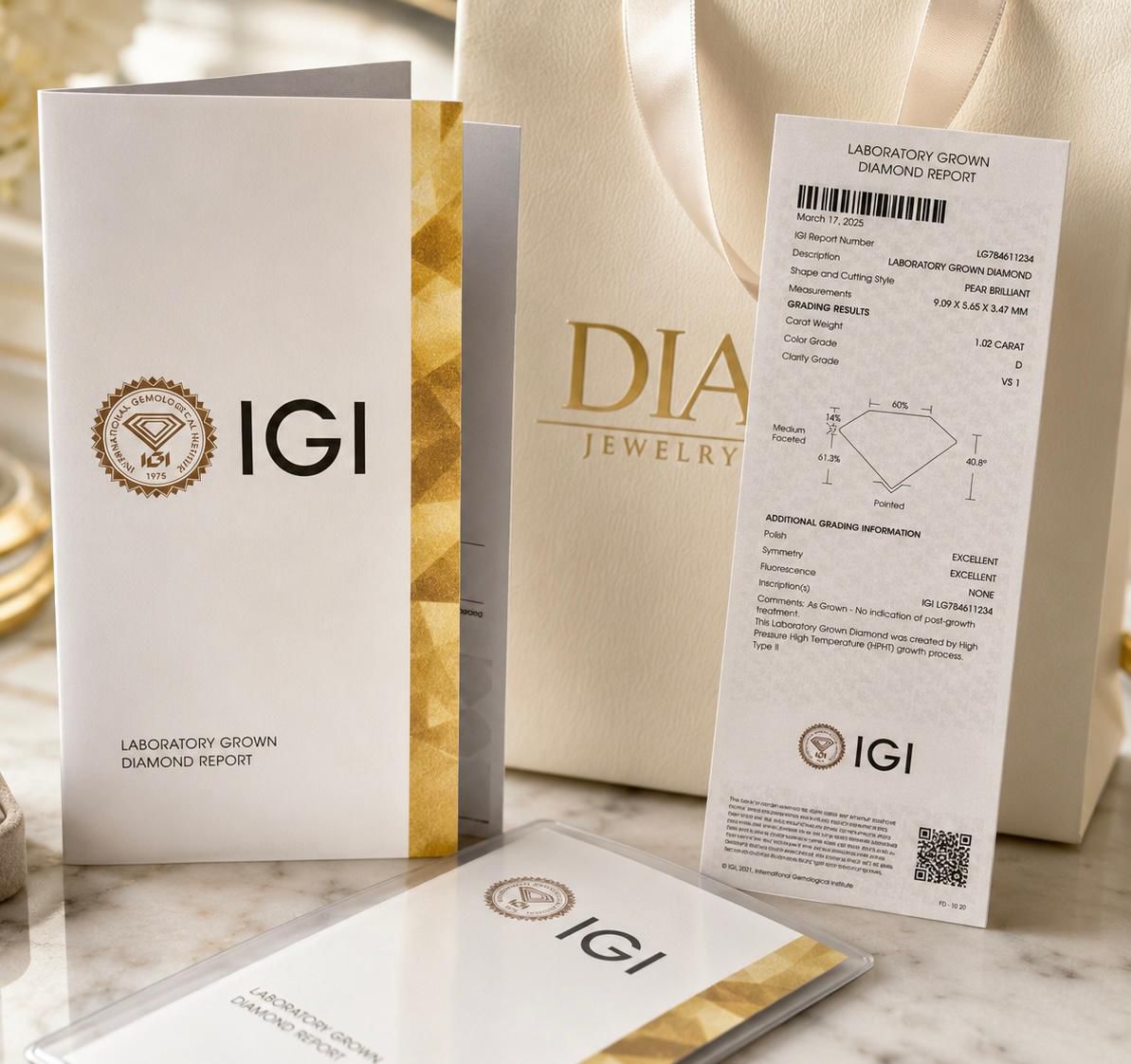 IGI laboratory grown diamond report with DIA Jewelry packaging